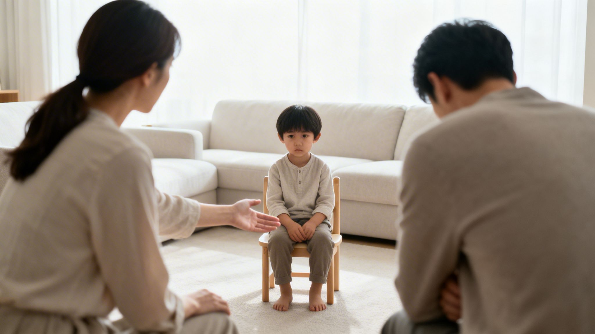 A sad young child sits on a chair between two adults, likely parents, during a difficult family discussion.