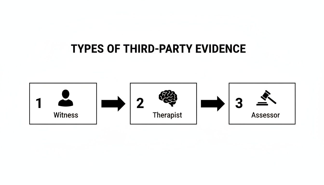 Diagram illustrating three types of third-party evidence: Witness, Therapist, and Assessor, in a sequential flow.