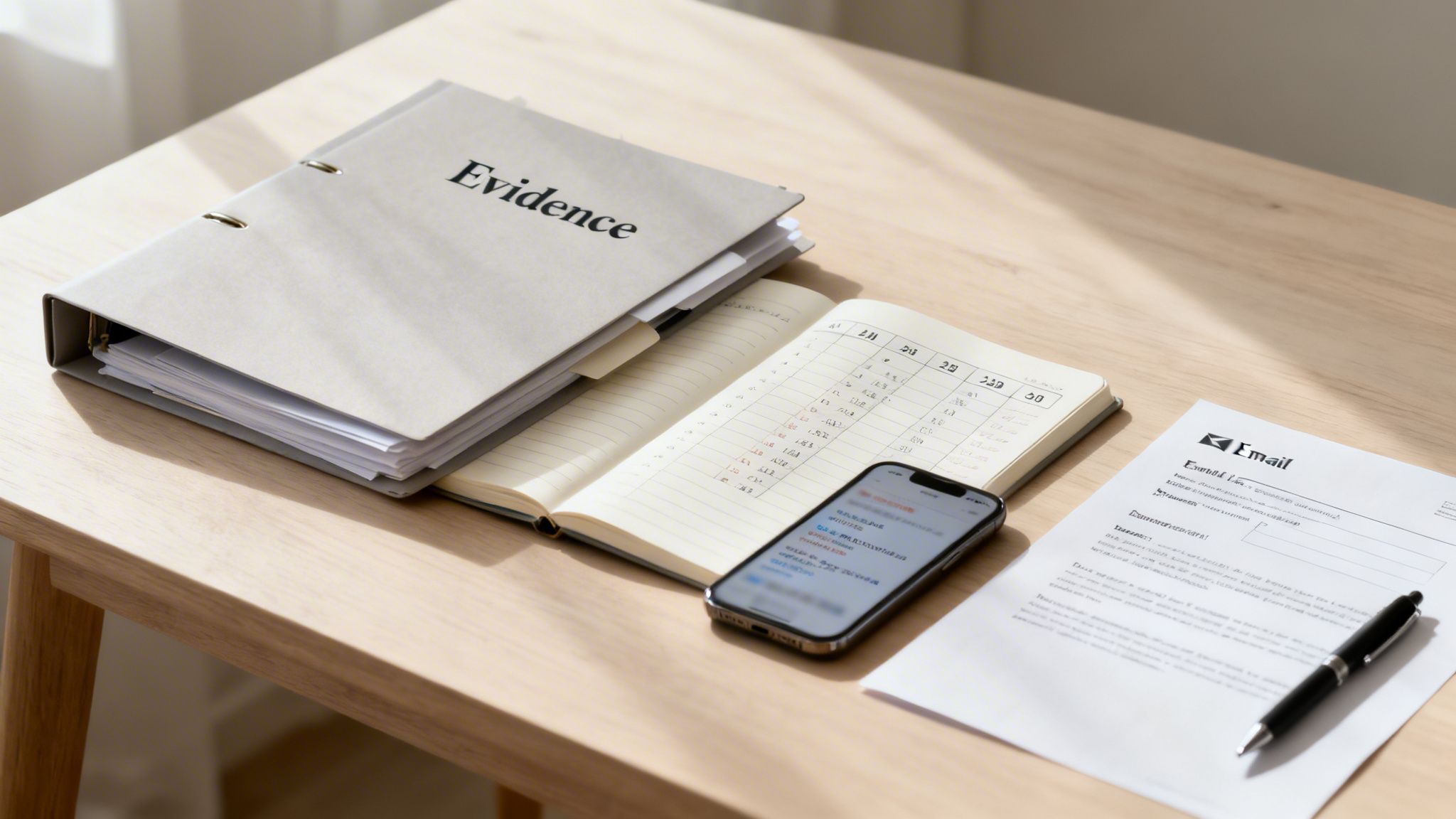 A legal binder labeled 'Evidence,' an open notebook, a smartphone, and an email document with a pen on a wooden desk.