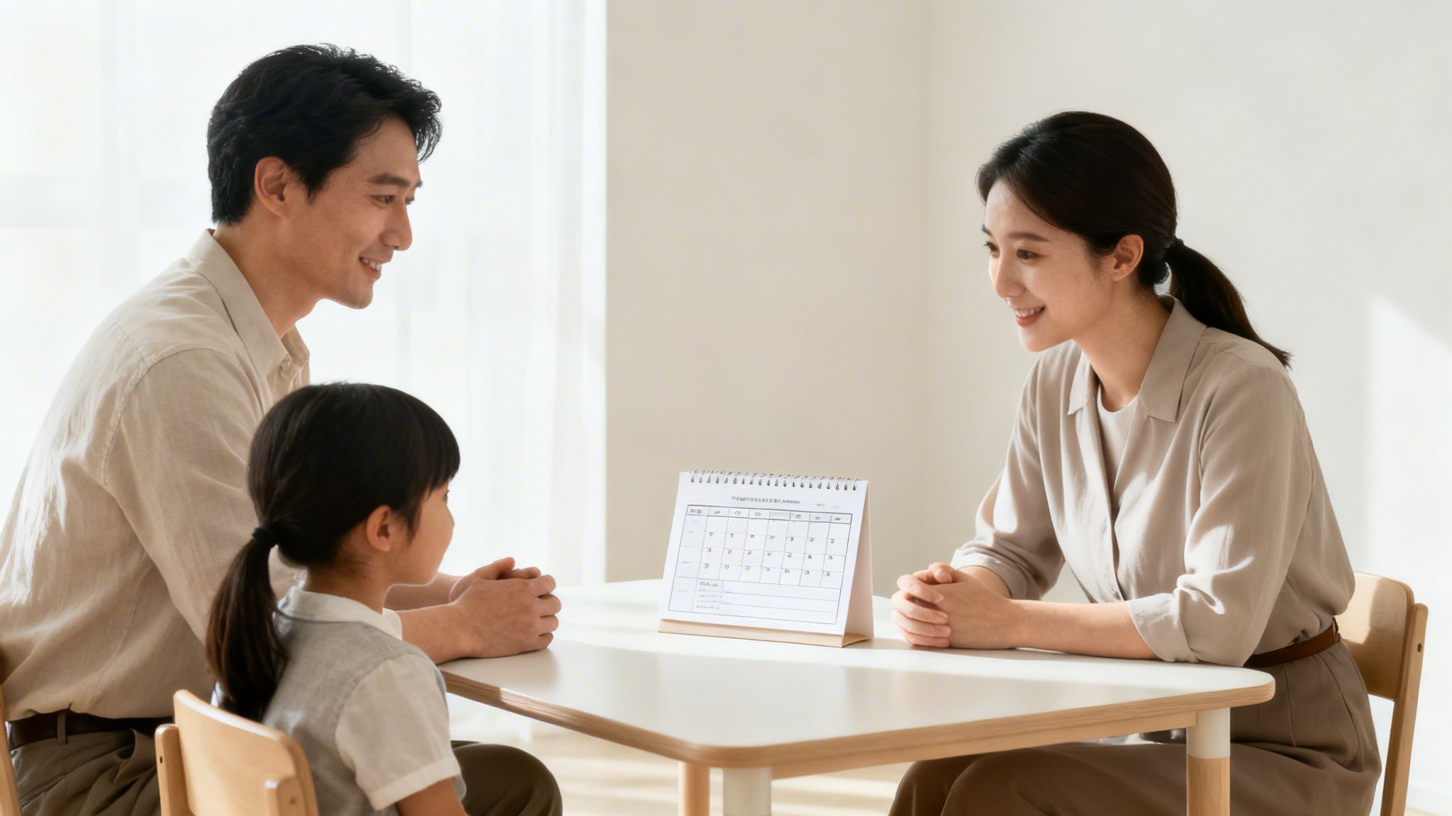 A smiling Asian family, father, mother, and daughter, sitting at a table with a a calendar.