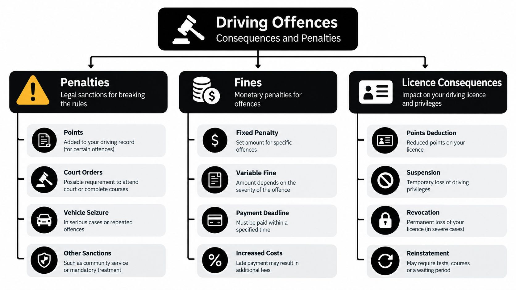 A flowchart detailing legal consequences and penalties associated with committing various driving offences on the road.