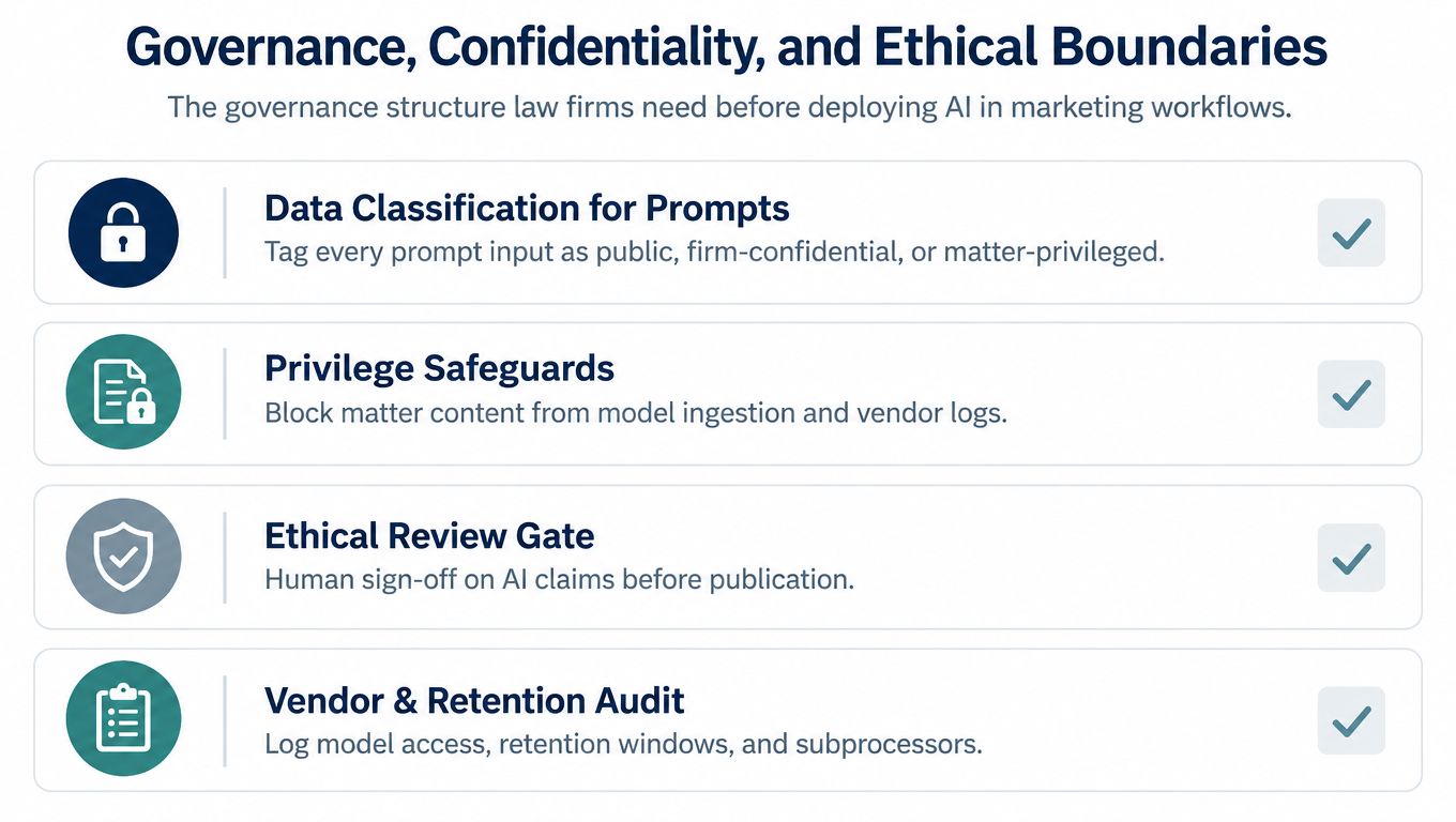 A graphic outlining four essential governance, confidentiality, and ethical pillars for law firm AI marketing workflows.