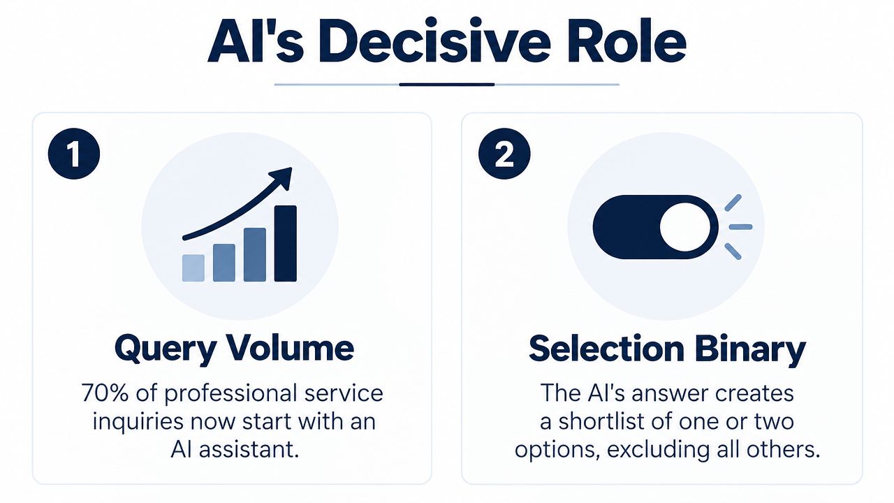 An infographic titled AI's Decisive Role showing two points about rising query volume and binary selection.