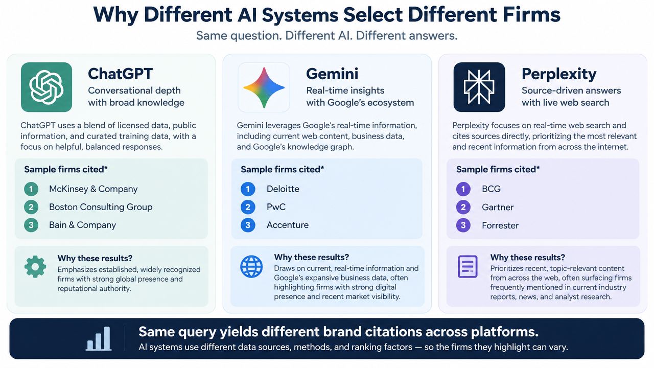 A comparison chart showing how ChatGPT, Gemini, and Perplexity provide different firm recommendations for the same query.