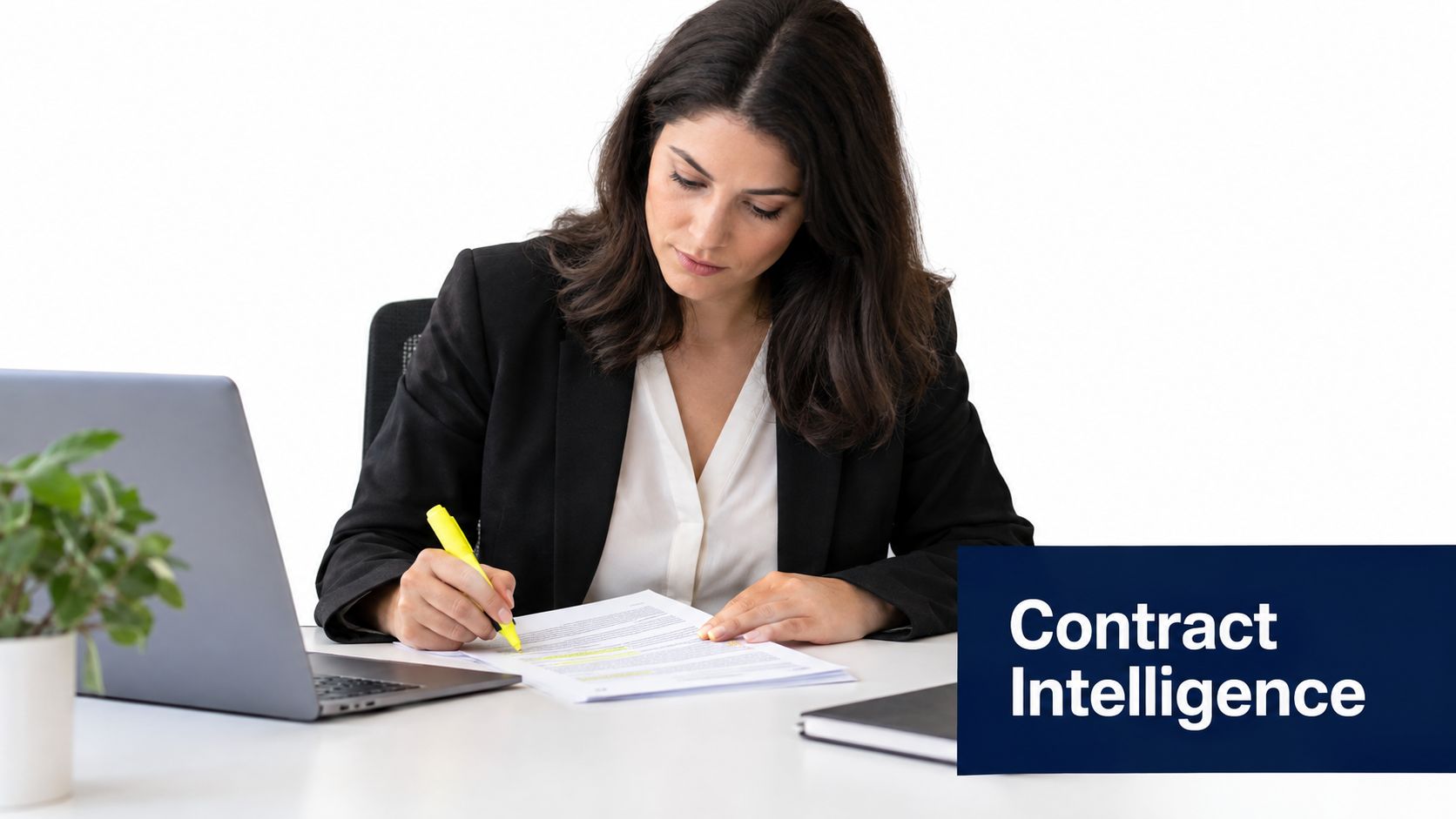 A professional woman in a business blazer using a yellow highlighter to review a contract document.