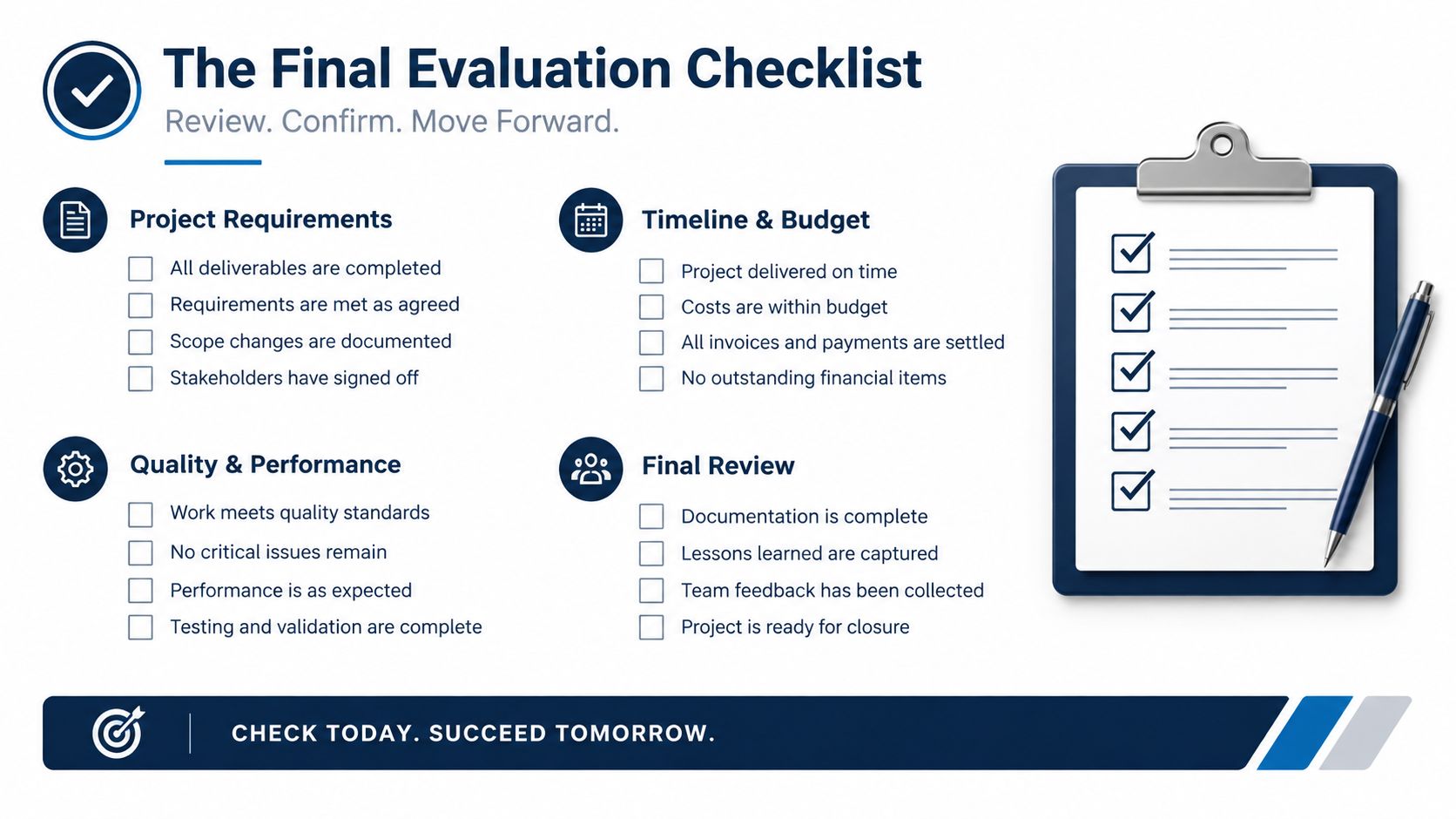A professional checklist infographic detailing essential steps for final project evaluation and closure tasks.