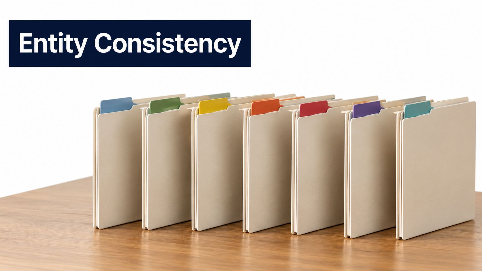 A row of colorful manila folders standing upright on a wooden table, representing organized business records.
