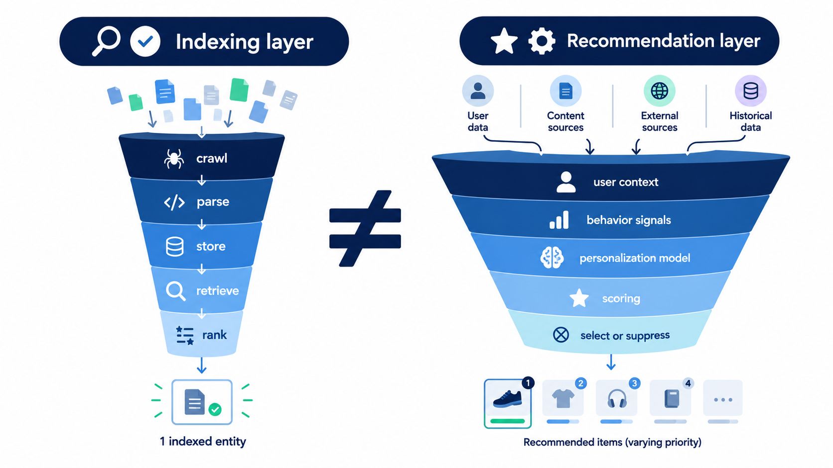 A diagram comparing the processes of an indexing layer and a recommendation layer in search technology.
