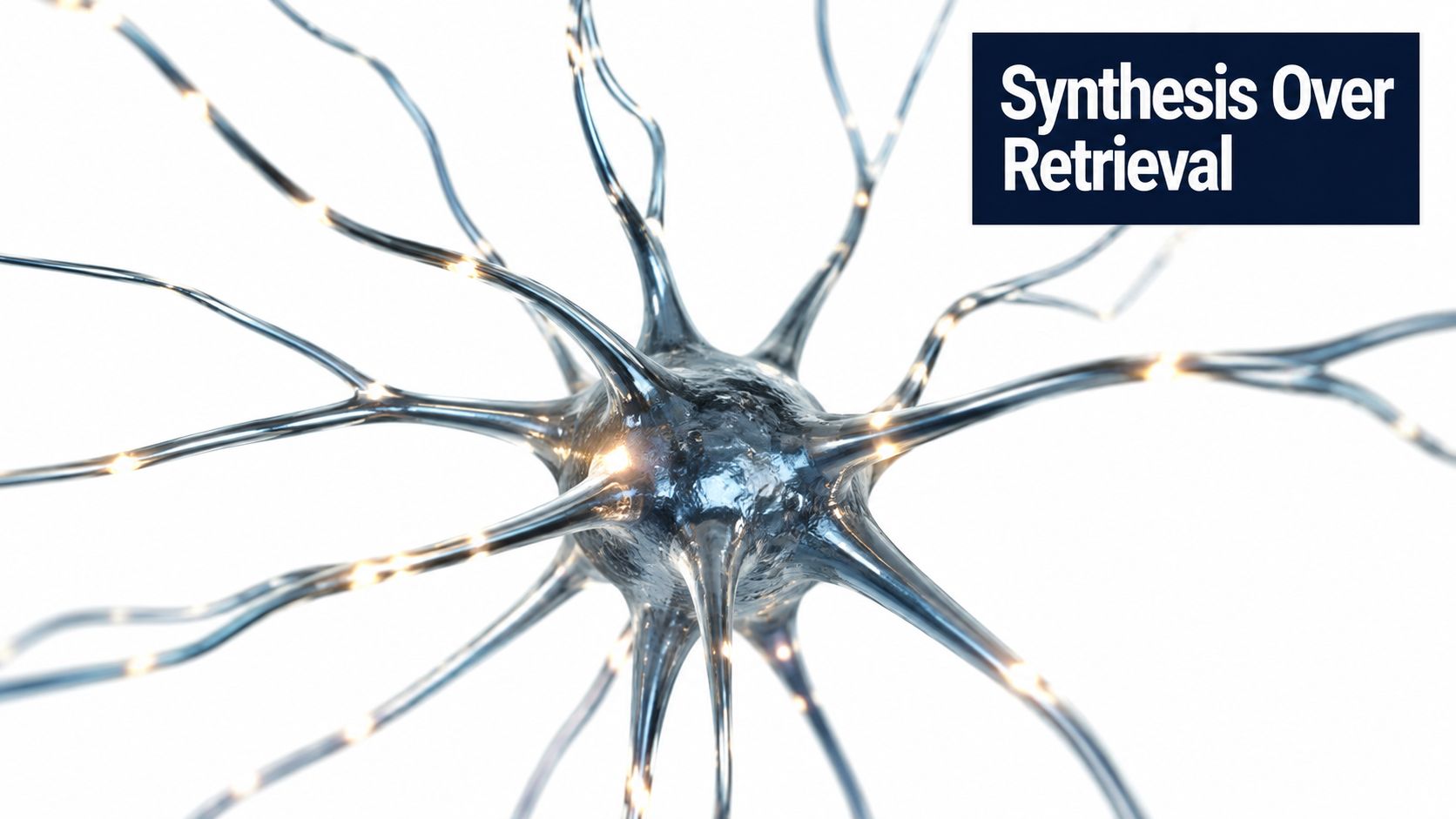 A 3D rendering of a stylized neuron representing AI synthesis over information retrieval on white background.