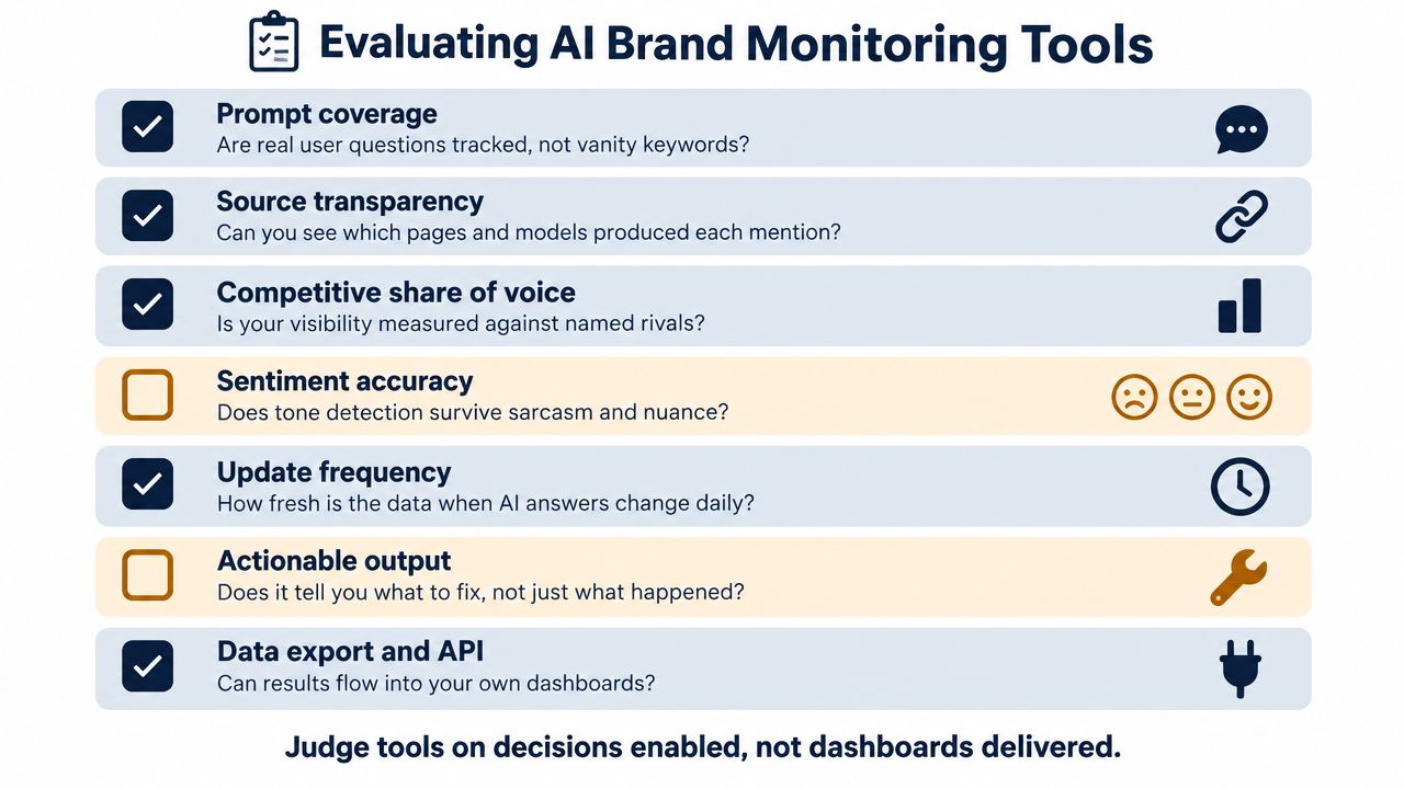 A checklist infographic titled Evaluating AI Brand Monitoring Tools, outlining key criteria for selecting software.