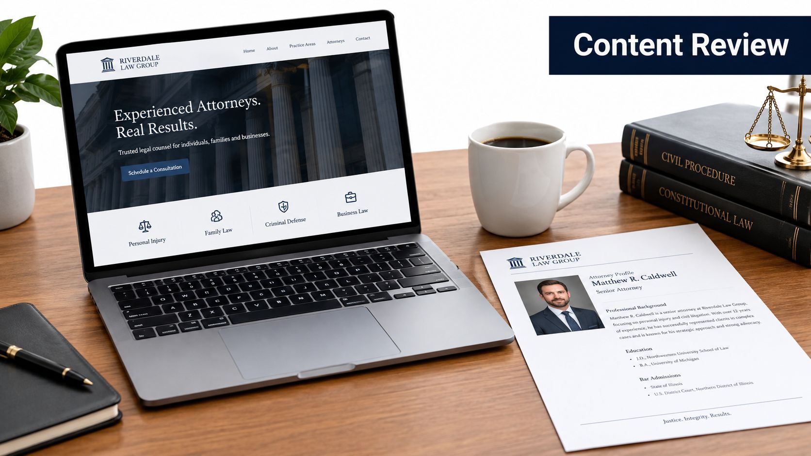 A laptop showing a law firm website next to a lawyer's professional profile on a desk.