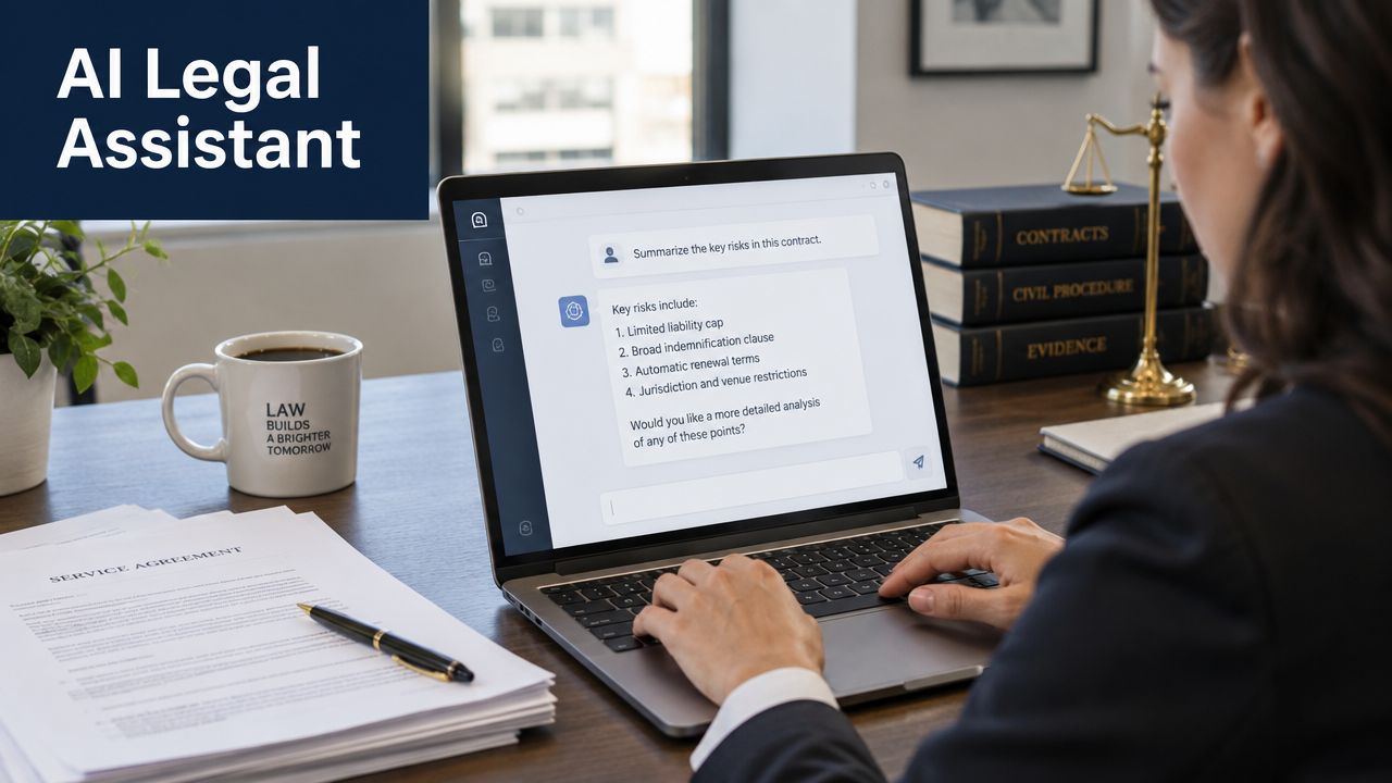 A professional lawyer using an AI legal assistant software on a laptop to review service agreements.