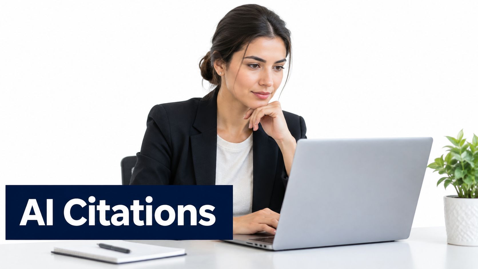 A professional woman working on a laptop with the text AI Citations displayed on the screen