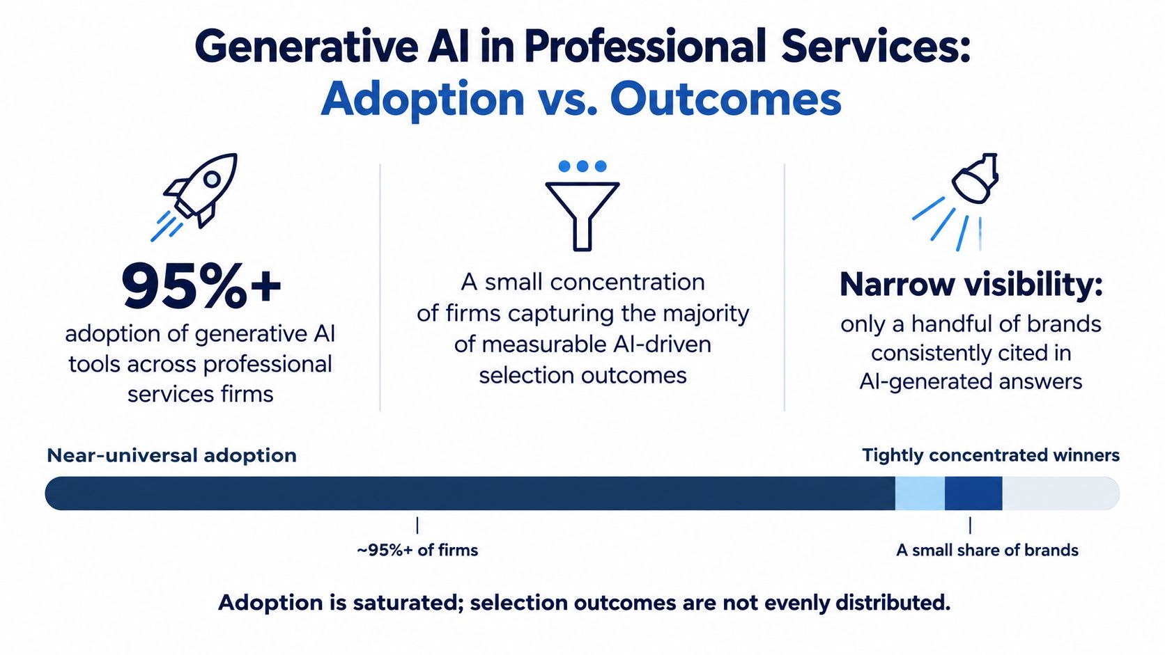 A graphic showing high adoption of generative AI tools alongside unevenly distributed selection outcomes for professional services.