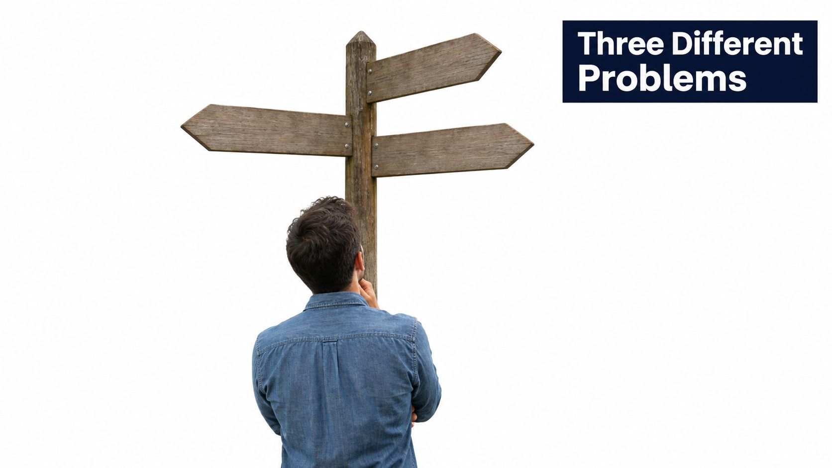 A man in a denim shirt standing before a wooden signpost with three empty directional arrows