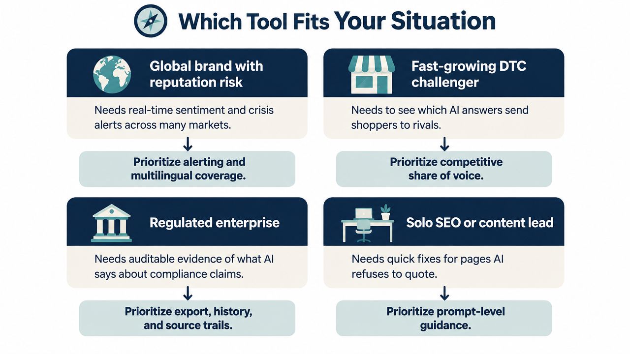 A chart showing four business scenarios and their corresponding priority features for selecting AI brand monitoring tools.