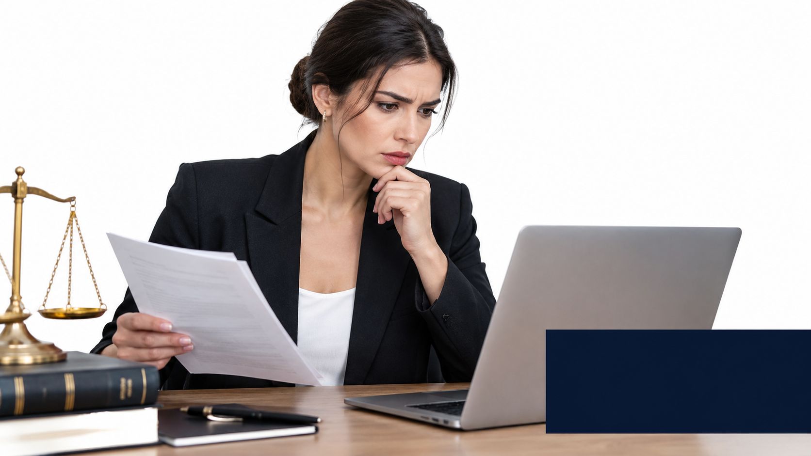 A professional female lawyer sitting at her desk reviewing legal documents on her laptop computer.
