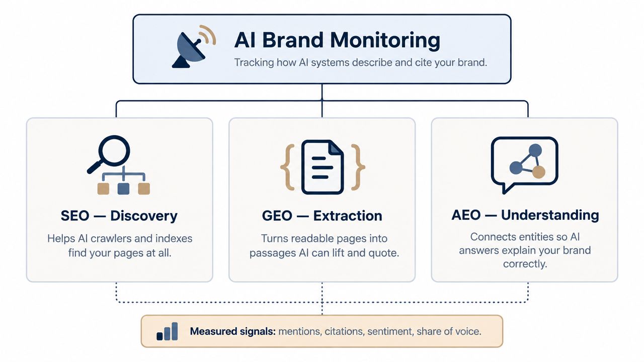A diagram illustrating AI brand monitoring through SEO discovery, GEO extraction, and AEO understanding processes.
