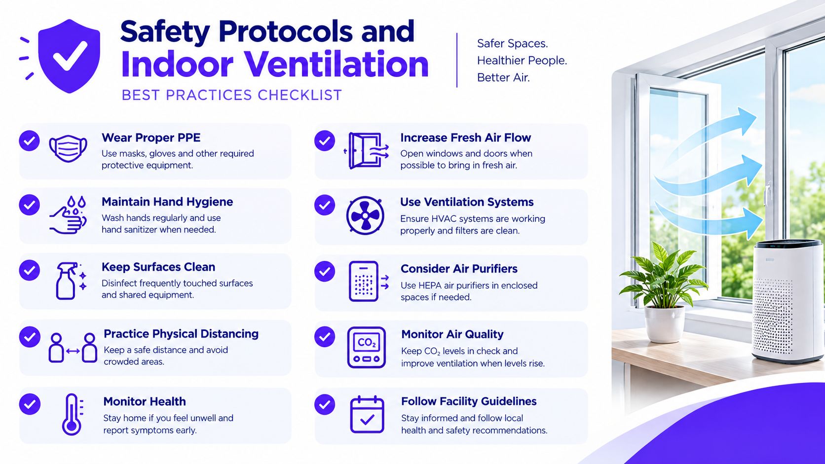 A safety checklist infographic displaying best practices for indoor ventilation, personal hygiene, and maintaining a healthy environment.