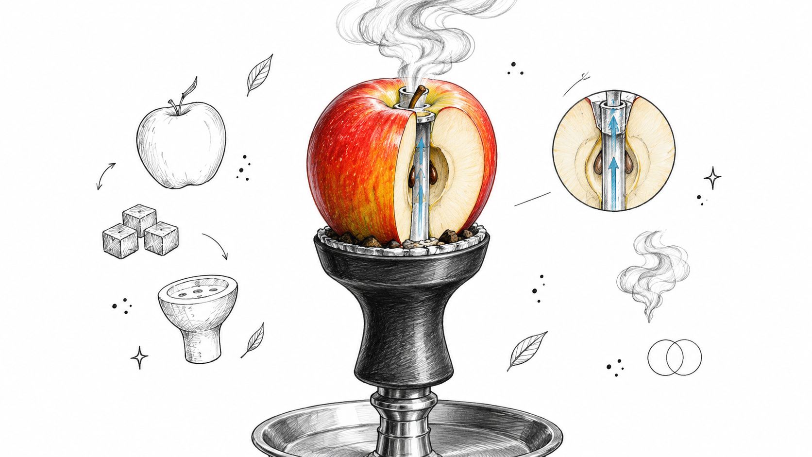 A detailed illustration showing how an apple is prepared as a bowl for a hookah pipe.