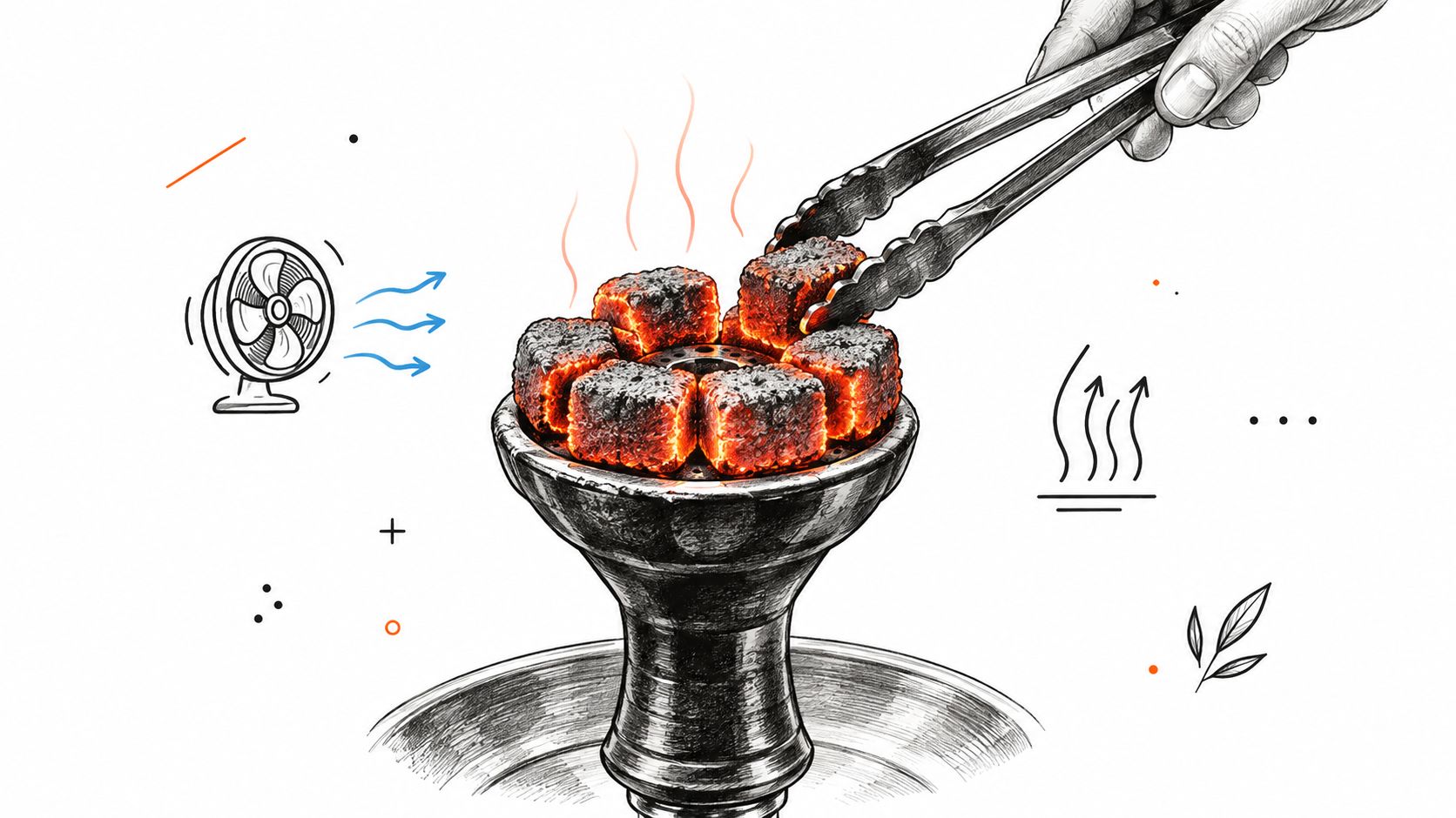 A hand using metal tongs to place a glowing piece of hookah charcoal onto a bowl.
