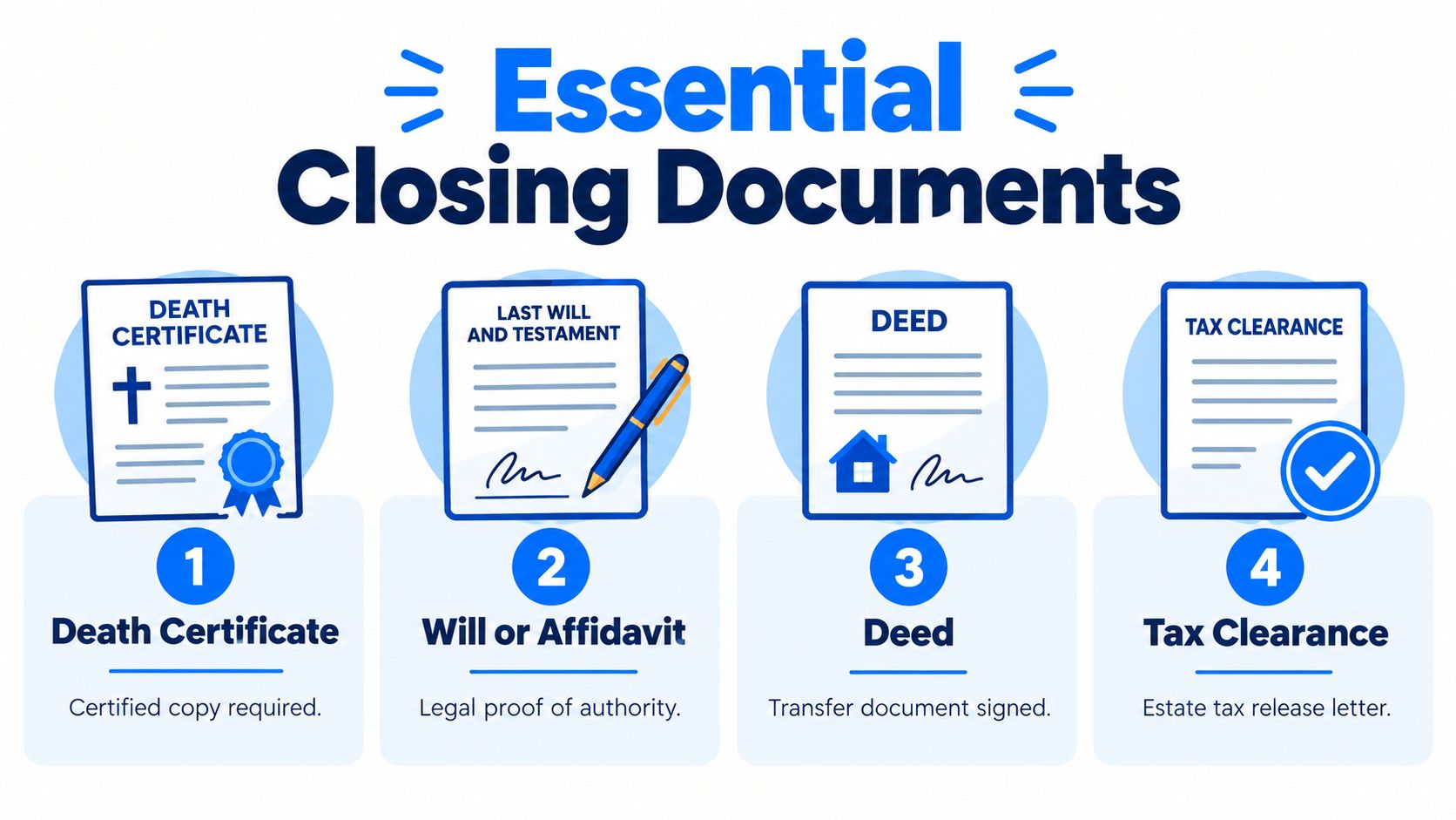 An infographic showing four essential closing documents required when selling inherited property including death certificate, will, deed, and tax clearance.