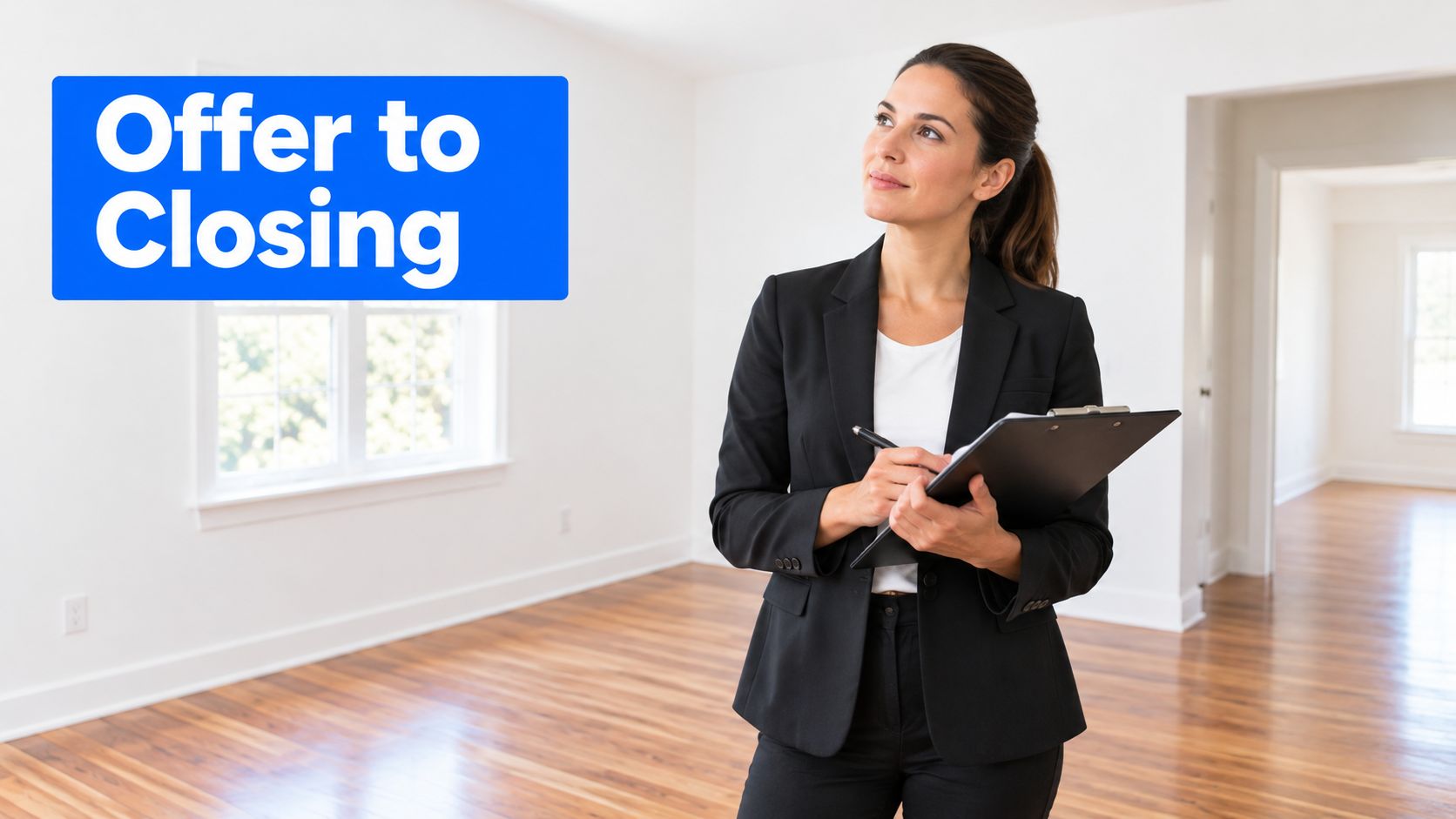 A professional real estate agent stands in an empty home holding a clipboard and pen.