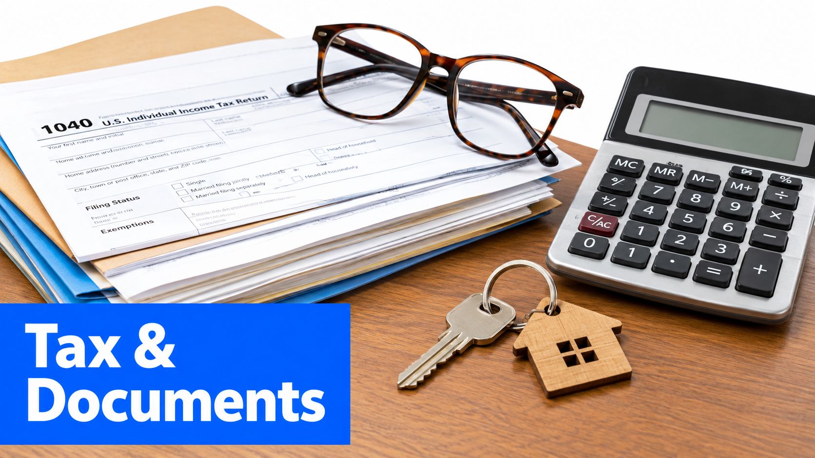 A stack of U.S. tax return forms with a calculator, eyeglasses, and a house-shaped keychain on desk.