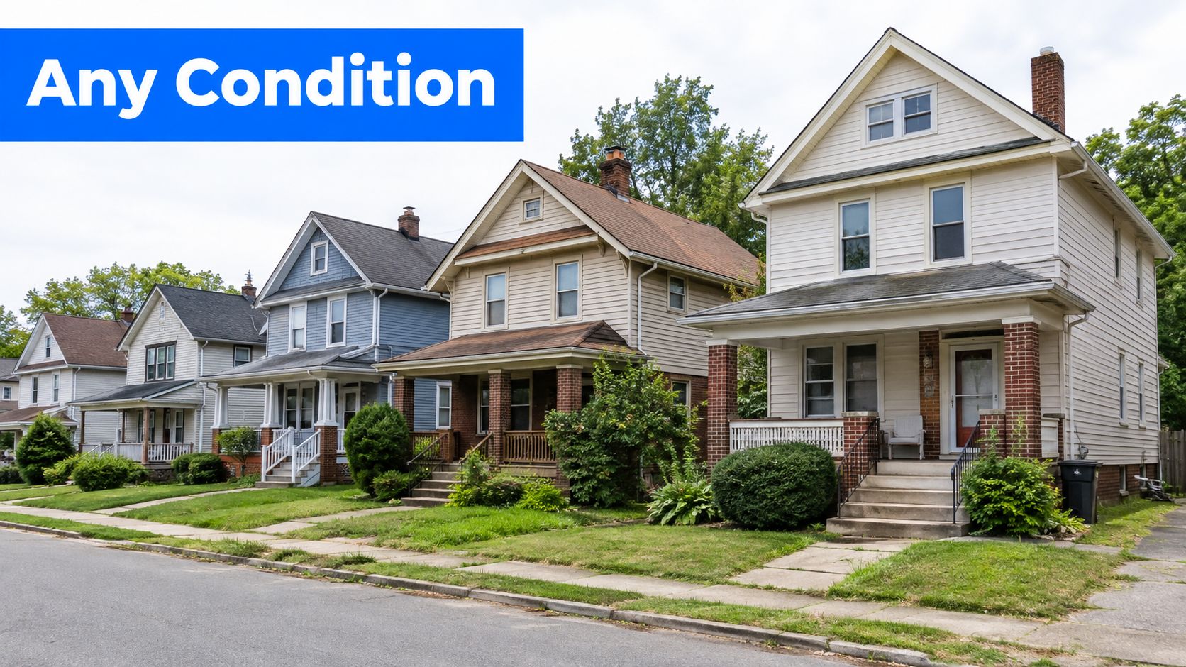 A row of charming residential houses on a quiet suburban street in Cleveland, Ohio.