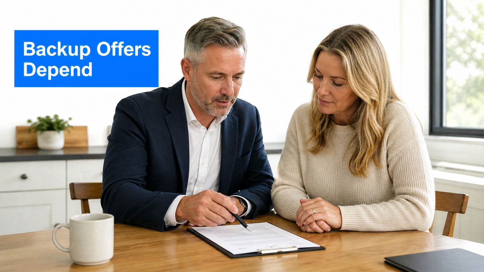 A professional real estate advisor reviews a legal document with a woman at a wooden table.
