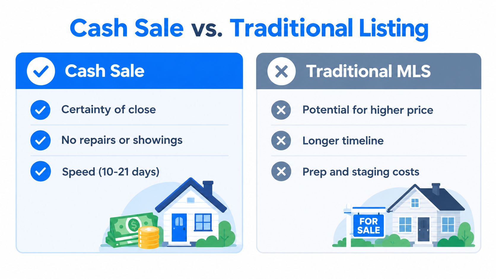 A comparison chart showing the benefits of a cash sale versus a traditional MLS home listing.