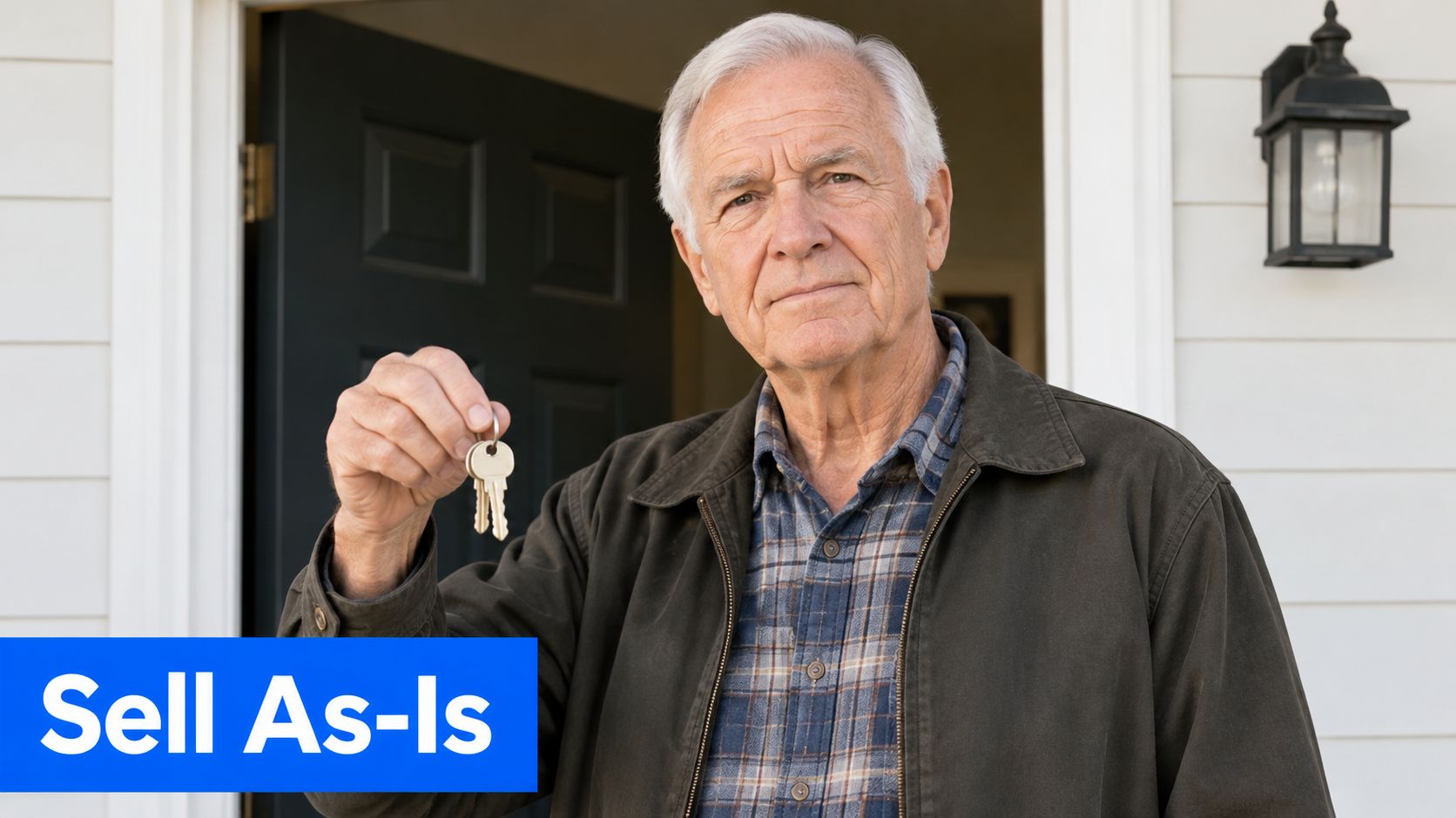 An elderly man standing in front of his home holding a set of house keys for sale.