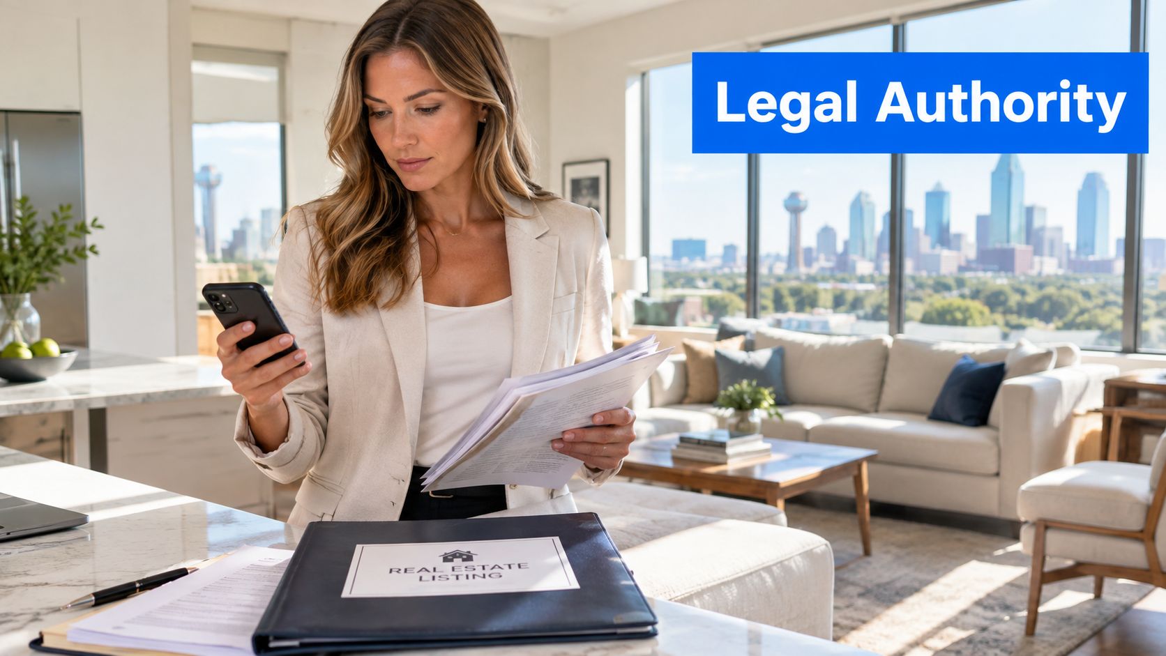 A professional woman in a suit reviews legal real estate documents in a modern Dallas apartment.