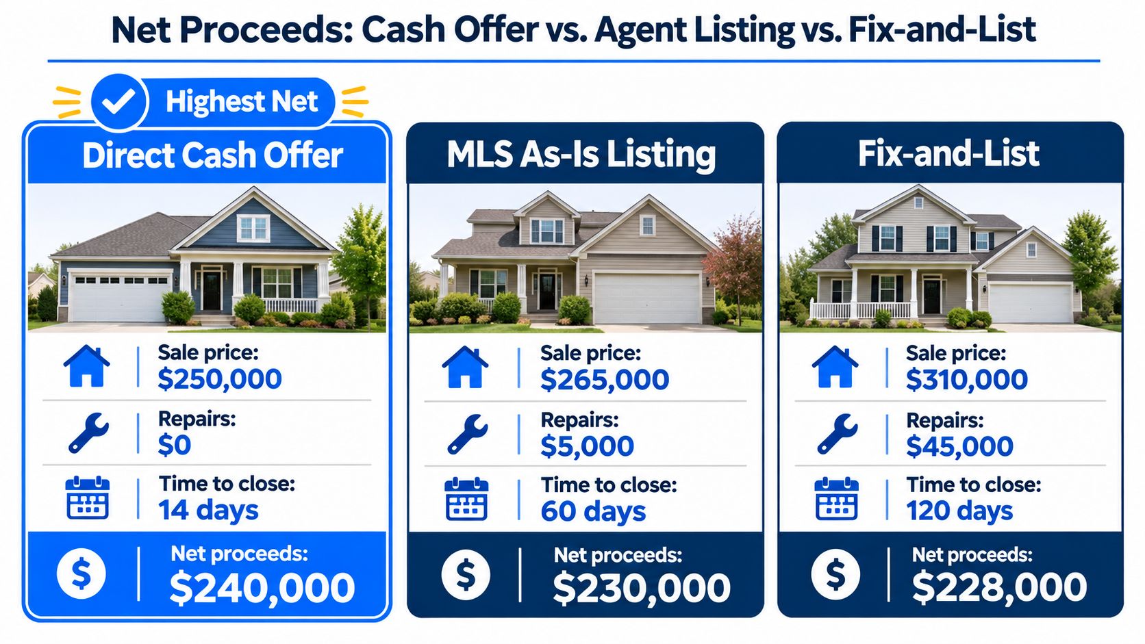 A comparison chart showing three real estate selling options with prices, repair costs, timelines, and net proceeds.