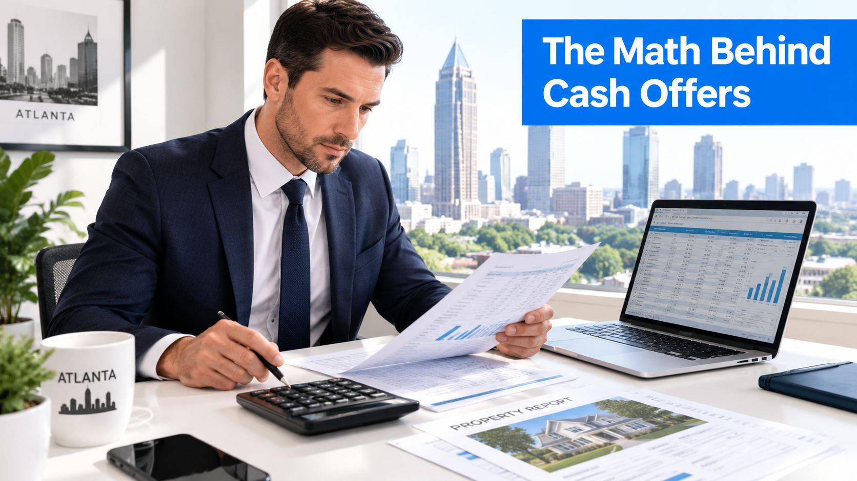 A professional man sitting at a desk in an Atlanta office reviewing property reports and cash offers.