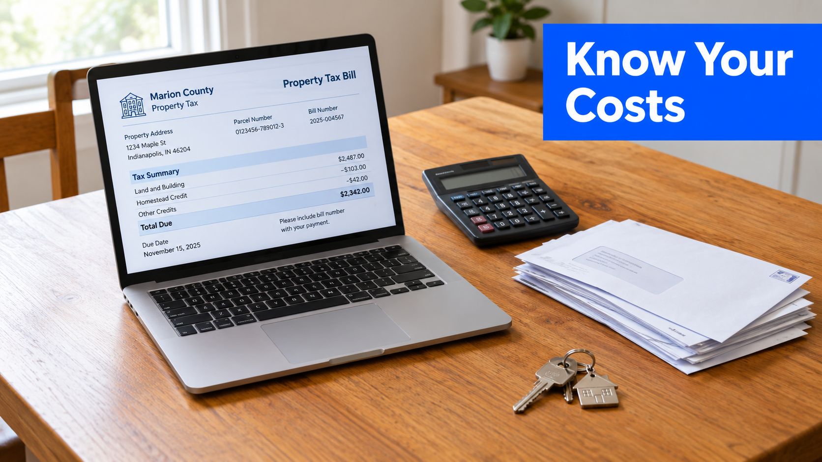 A laptop on a desk displaying an Indianapolis property tax bill next to keys and a calculator.