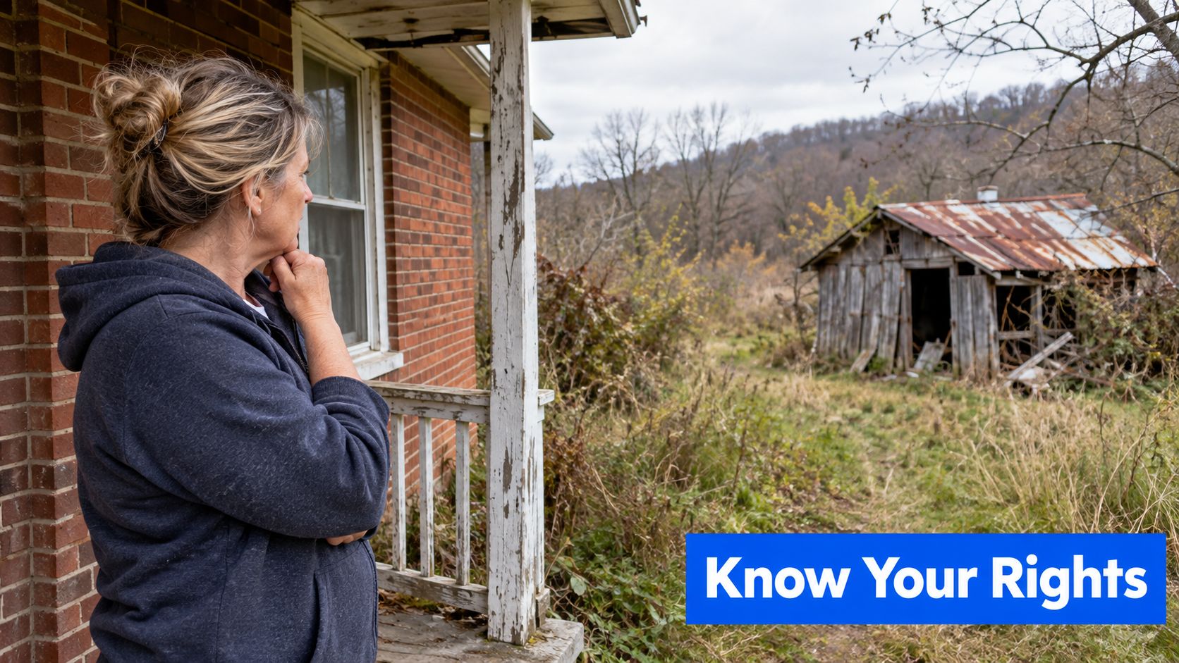 A concerned woman stands on a porch looking out at an old, dilapidated shed in the countryside.