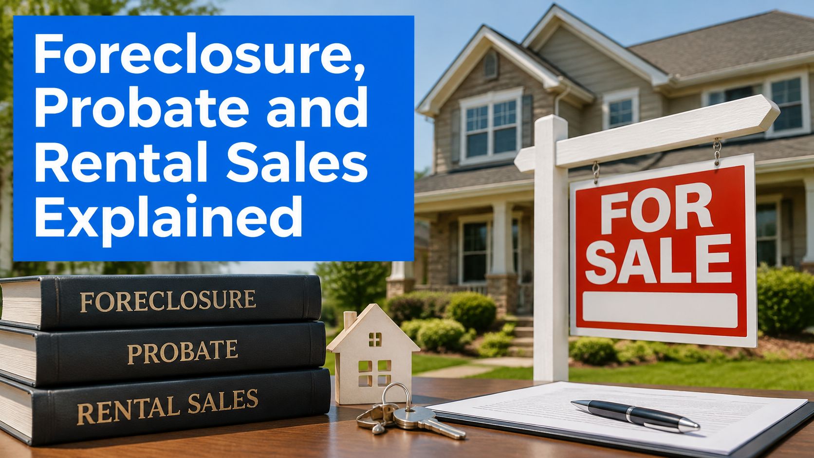 A conceptual image illustrating real estate topics with books labeled Foreclosure, Probate, and Rental Sales on a table.