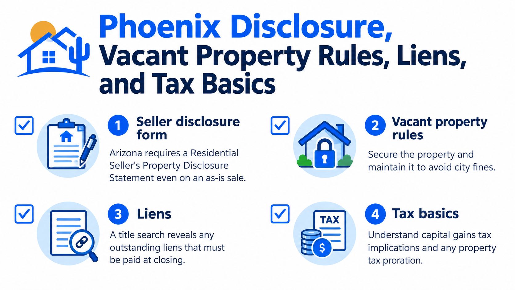 An infographic titled Phoenix Disclosure, Vacant Property Rules, Liens, and Tax Basics with four numbered points.