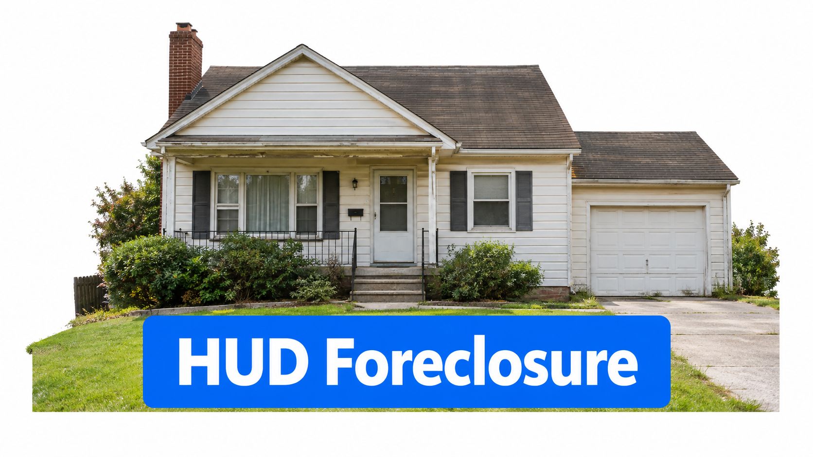 A small single-family house with white siding and a garage listed as a HUD foreclosure property.