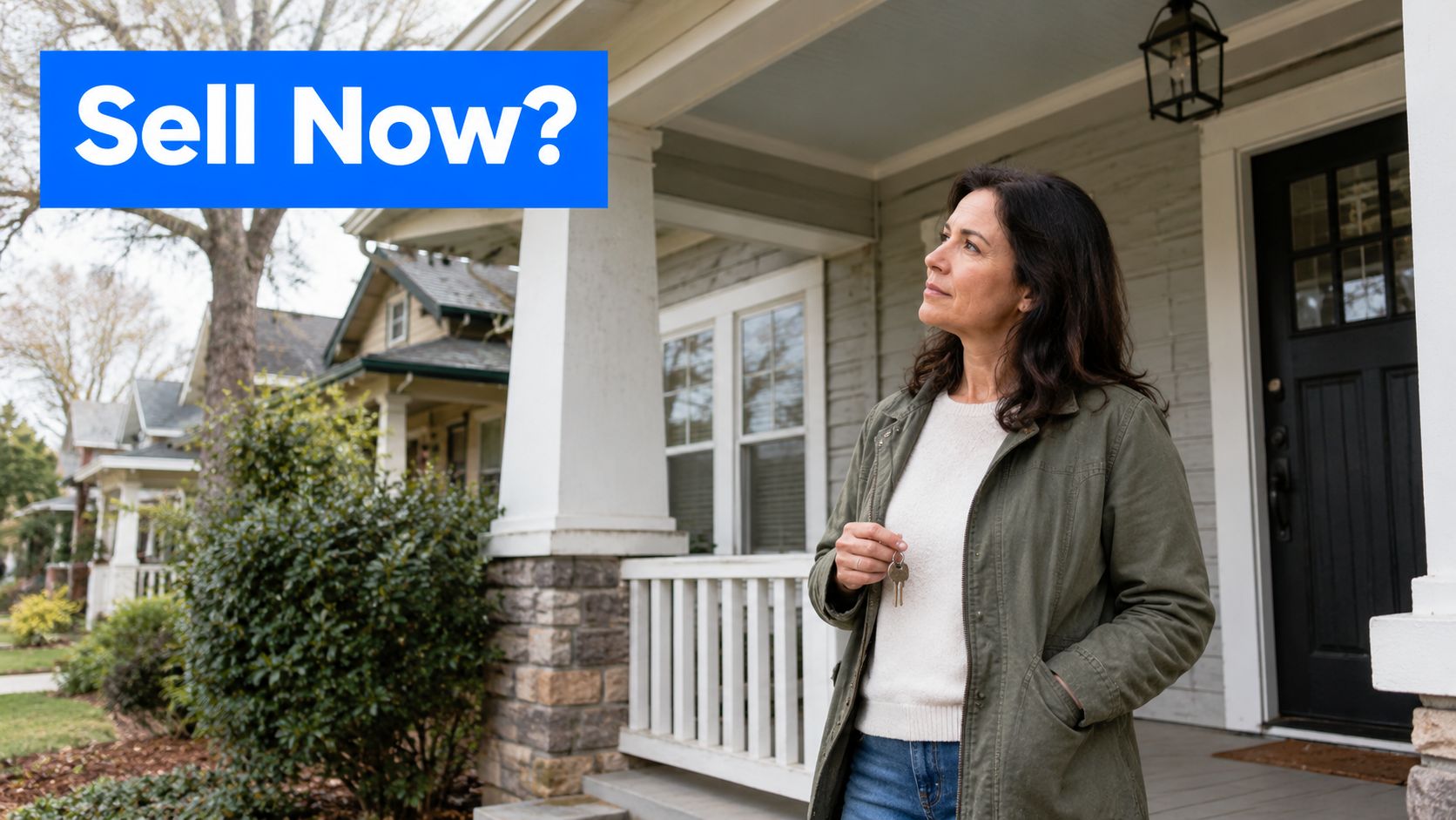 A woman stands on the front porch of a house while holding keys, contemplating selling her home.