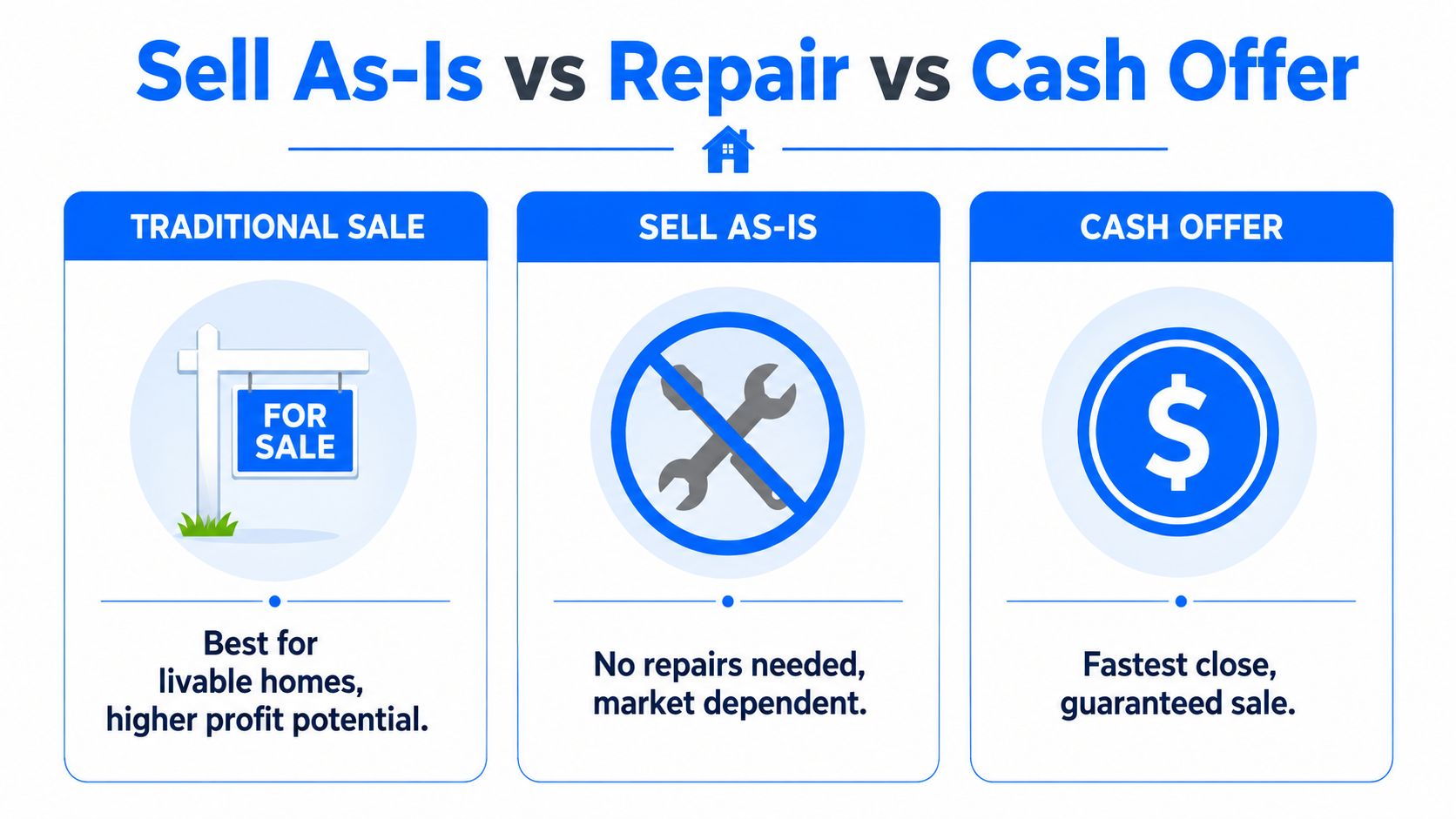 A comparison chart showing the differences between traditional home sales, selling as-is, and accepting cash offers.