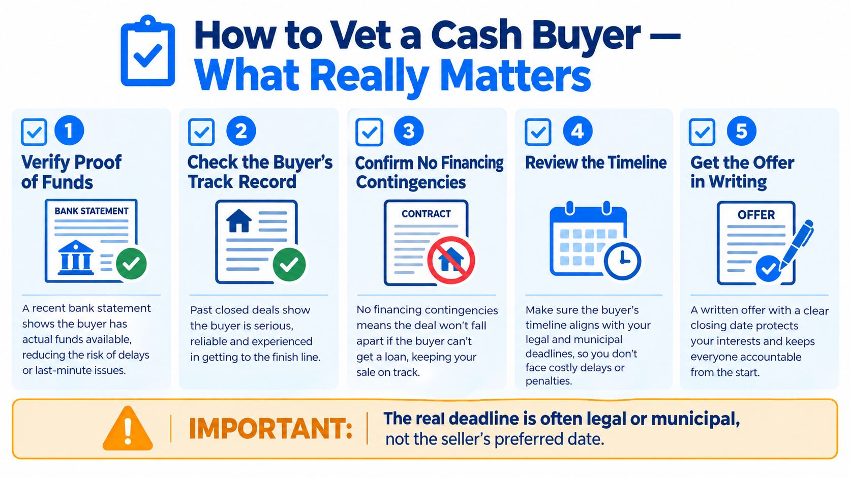 An infographic titled How to Vet a Cash Buyer listing five essential steps for property sellers.