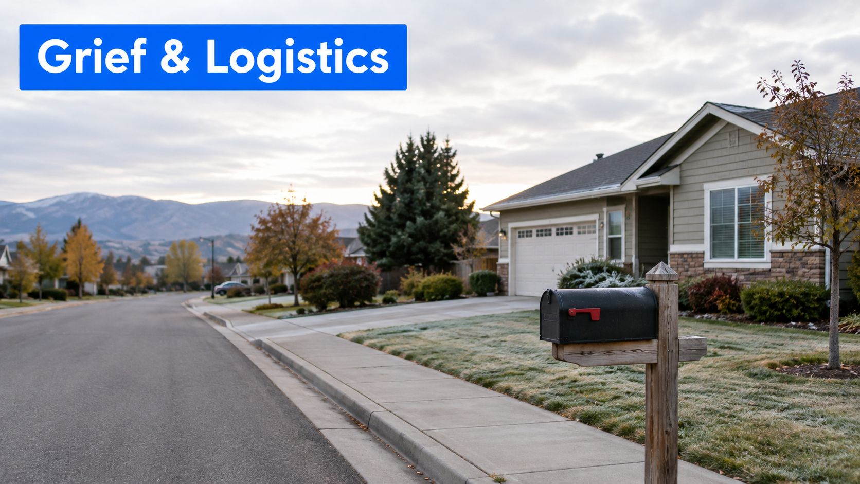 A quiet residential street in a suburban Boise neighborhood during the golden hour with mountains in background.