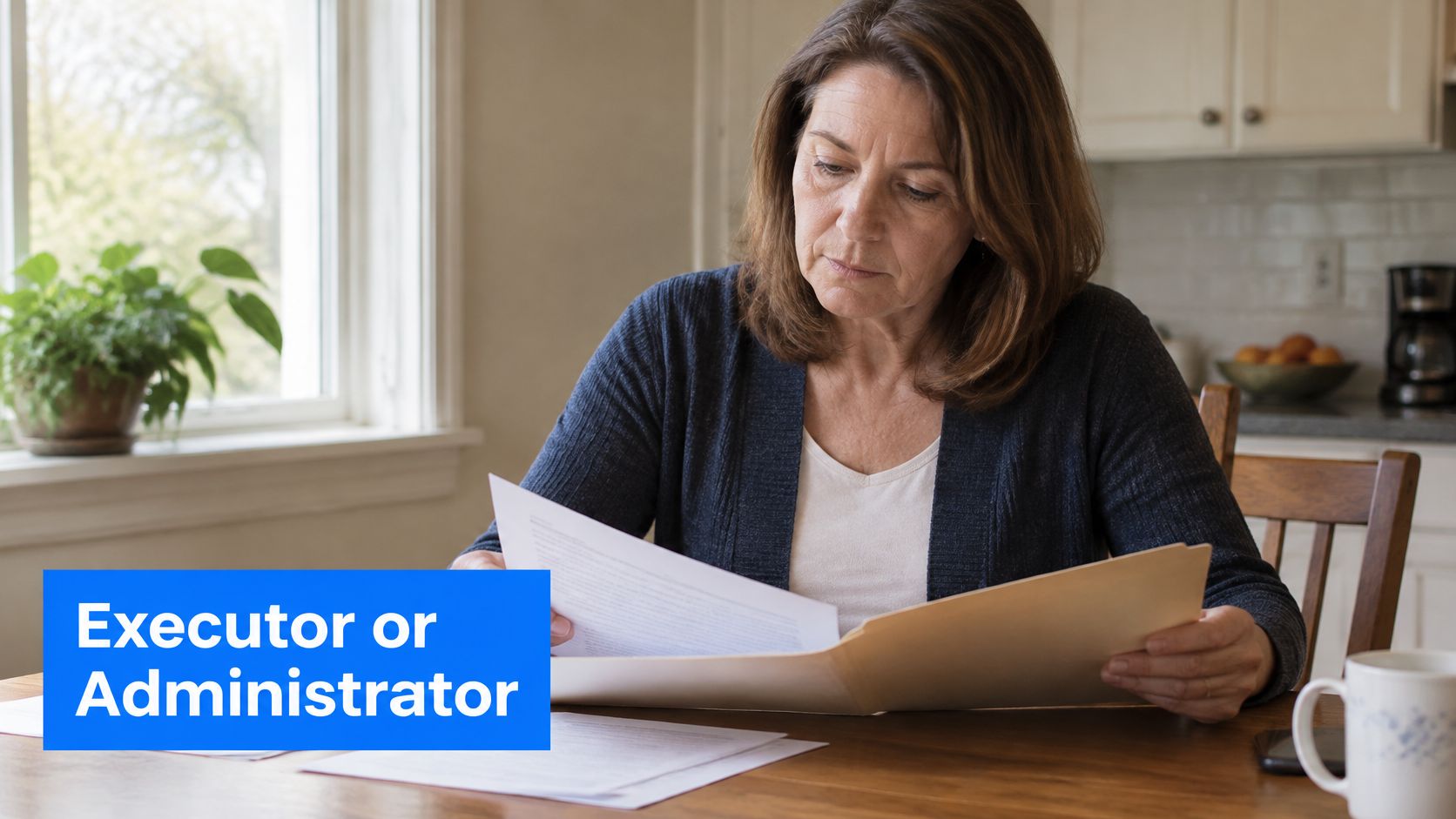 A woman reviewing legal documents at a wooden table, emphasizing the role of executor or administrator.