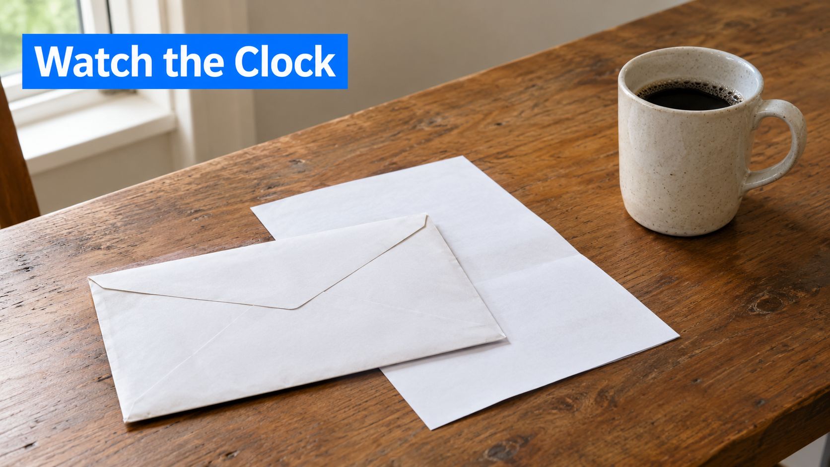 A white envelope and a blank sheet of paper sit on a wooden table beside coffee.