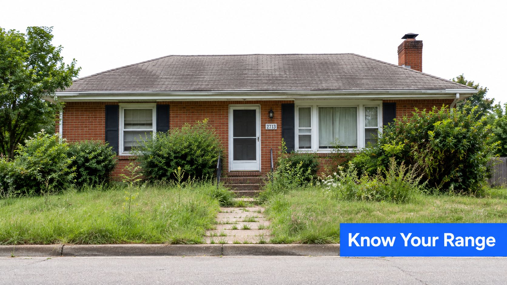 A one-story red brick residential house with an overgrown front lawn and a visible address number.