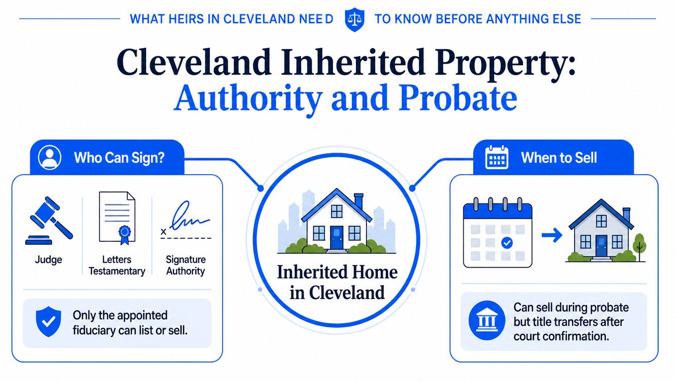 An infographic explaining the legal requirements for selling inherited property through the probate process in Cleveland, Ohio.