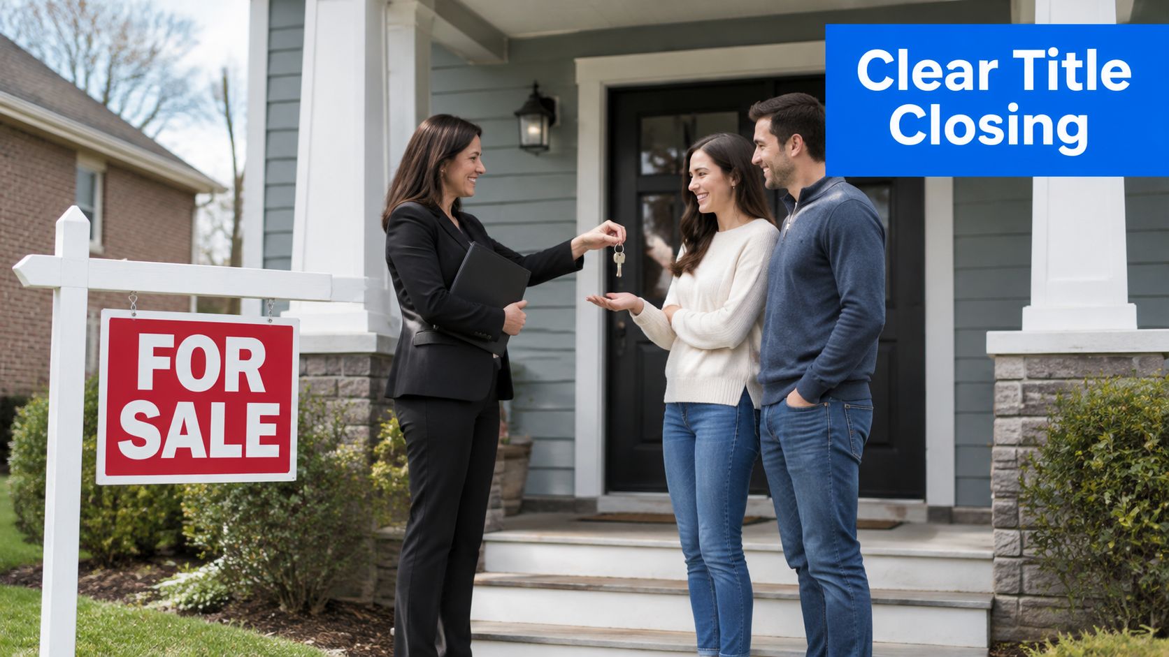 A smiling real estate agent handing house keys to a happy couple in front of a house.