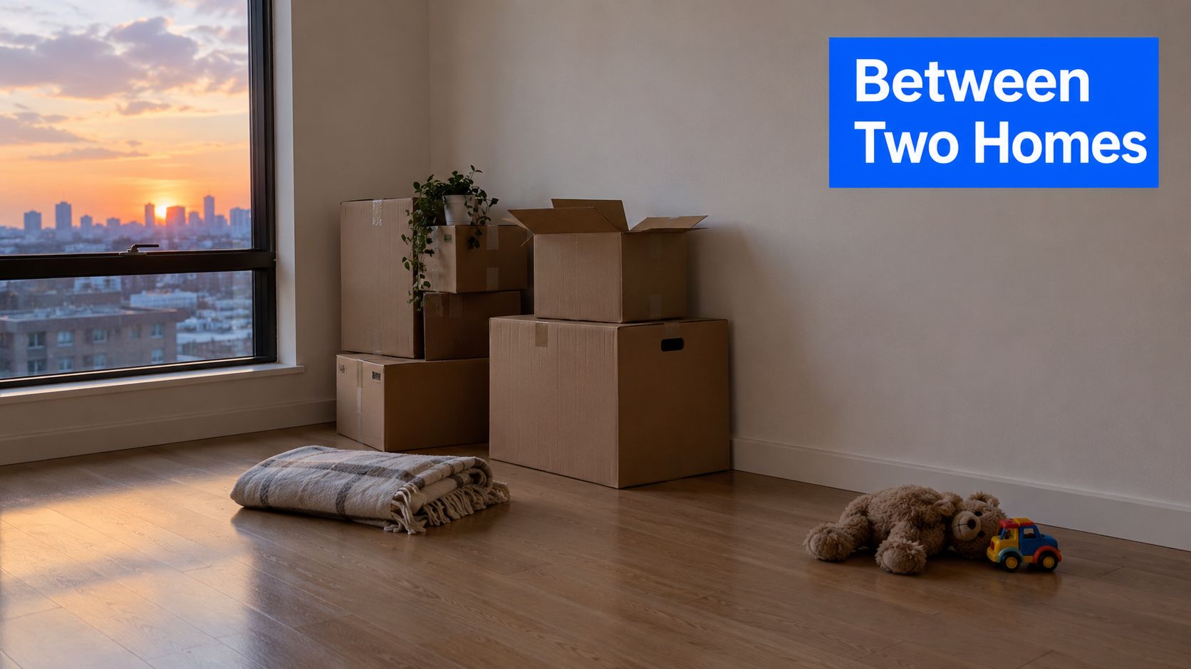 A room with stacked cardboard moving boxes, a folded blanket, and toys near a sunny window.